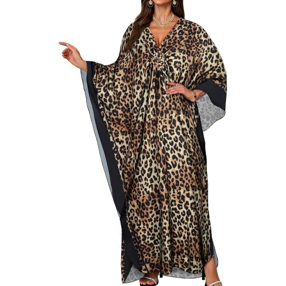 Women's Brown Leopard V-Neck Batwing Sleeves Smocked Waist Maxi Kaftan Dress
